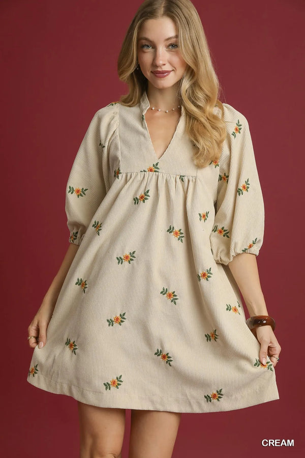 Umgee Corduroy Babydoll Dress with Floral Embroidery