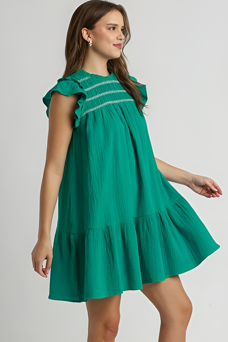 Umgee Full Size Smocked Contrast Stitching Ruffle Cap Sleeve Round Neck Dress Plus Size