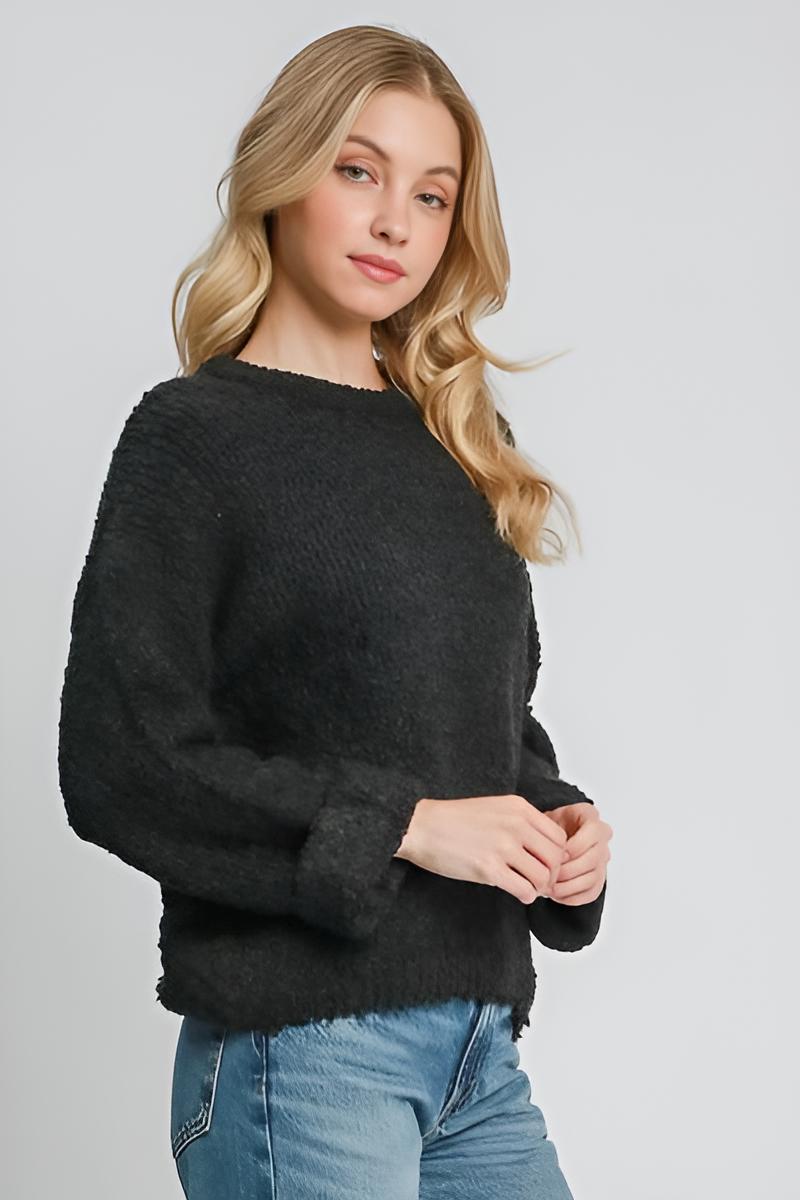 Umgee Full Size Round Neck Long Sleeve Boucle Sweater Plus Size