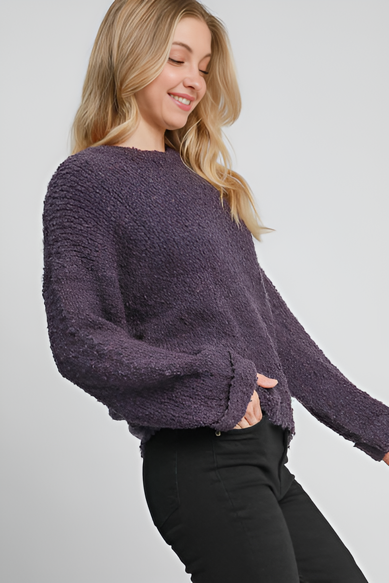 Umgee Full Size Round Neck Long Sleeve Boucle Sweater Plus Size