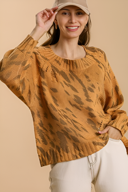 Umgee Full Size Animal Print Round Neck Distressed Detail Sweater Plus Size