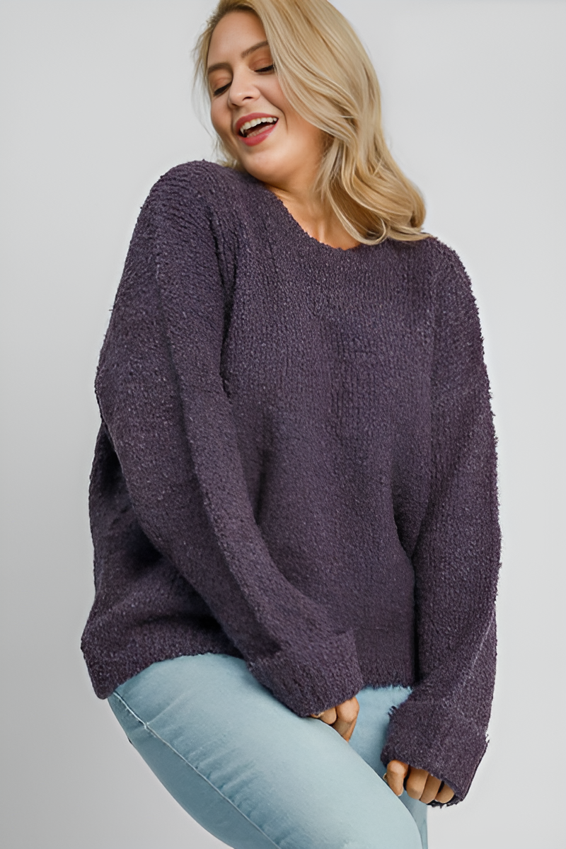 Umgee Full Size Round Neck Long Sleeve Boucle Sweater Plus Size