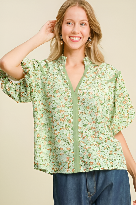 Umgee Full Size Floral Print Puff Sleeve Top Plus Size