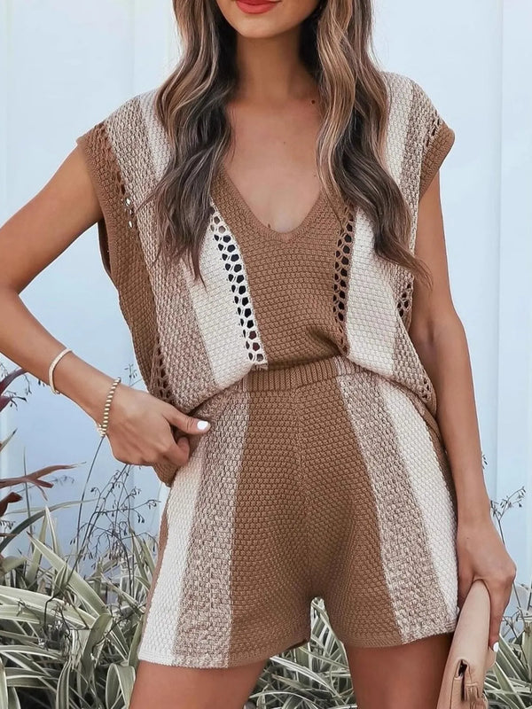 Openwork Color Block V-Neck Top and Shorts Sweater Set | Everyday Women’s Top