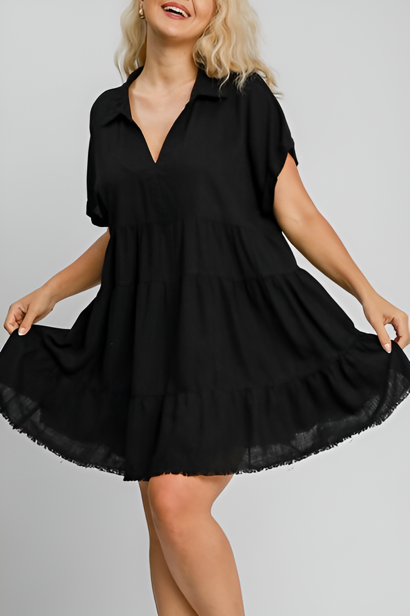 Umgee Full Size Raw Hem Folded Sleeve Tiered Dress Plus Size