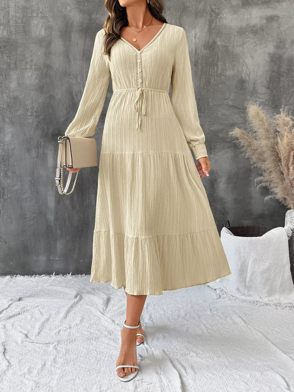 Tiered V-Neck Long Sleeve Dress