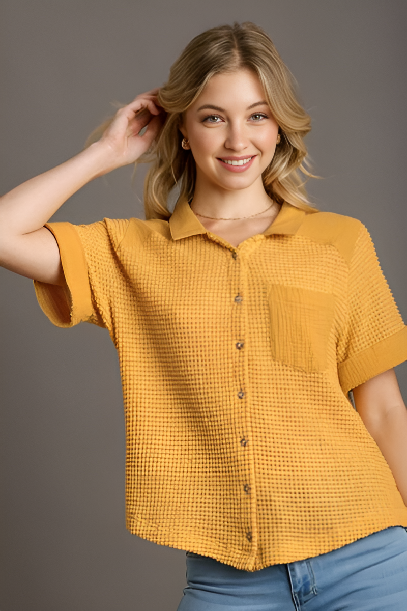 Umgee Full Size Waffle-Knit Short Sleeve Button Down Shirt Plus Size