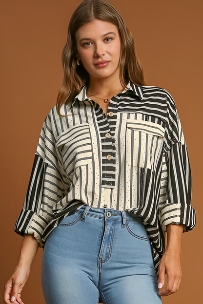 Umgee Full Size Pointelle Stripped Half Button Collared Neck Top Plus Size