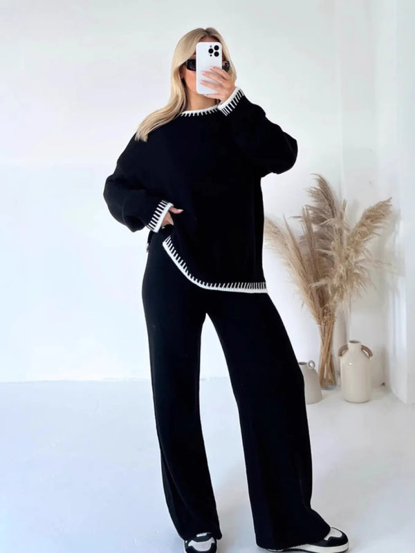 Contrast Trim Round Neck Top and Pants Sweater Set | Everyday Women’s Top