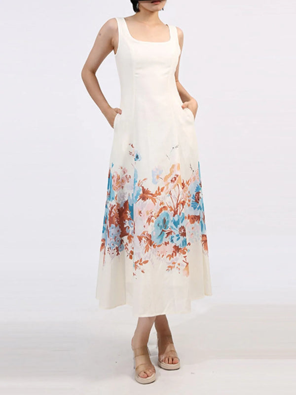 Cutout Back Printed Square Neck Dress