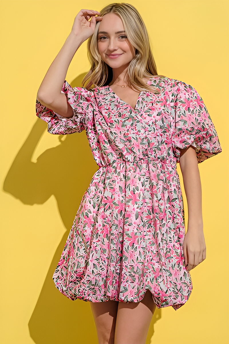 And The Why Full Size Floral Surplice Puff Sleeve Dress