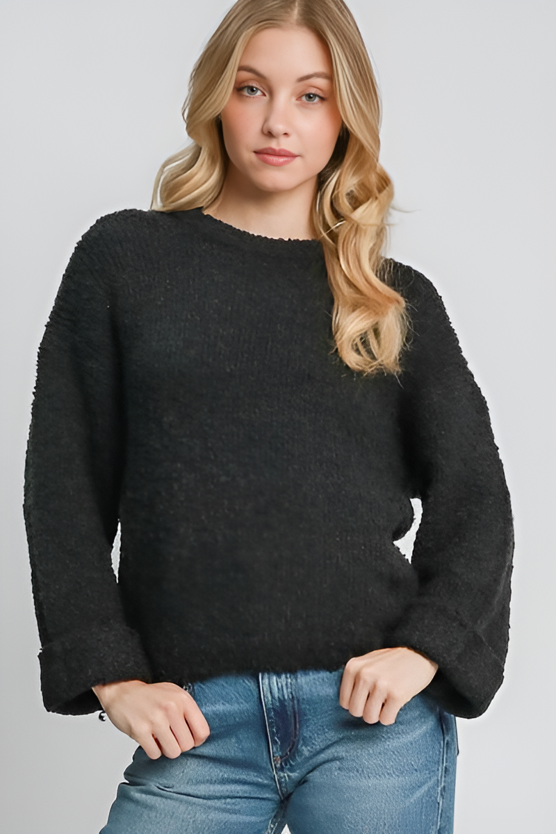 Umgee Full Size Round Neck Long Sleeve Boucle Sweater Plus Size