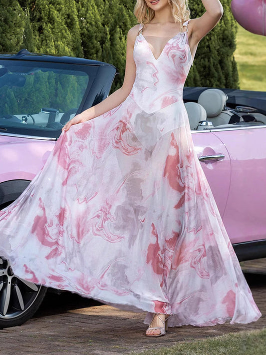 Mesh Print V-Neck Long Dress